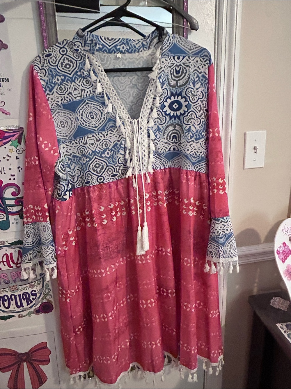 Source Unknown Blue and Pink Boho Tassel Tunic Dress
